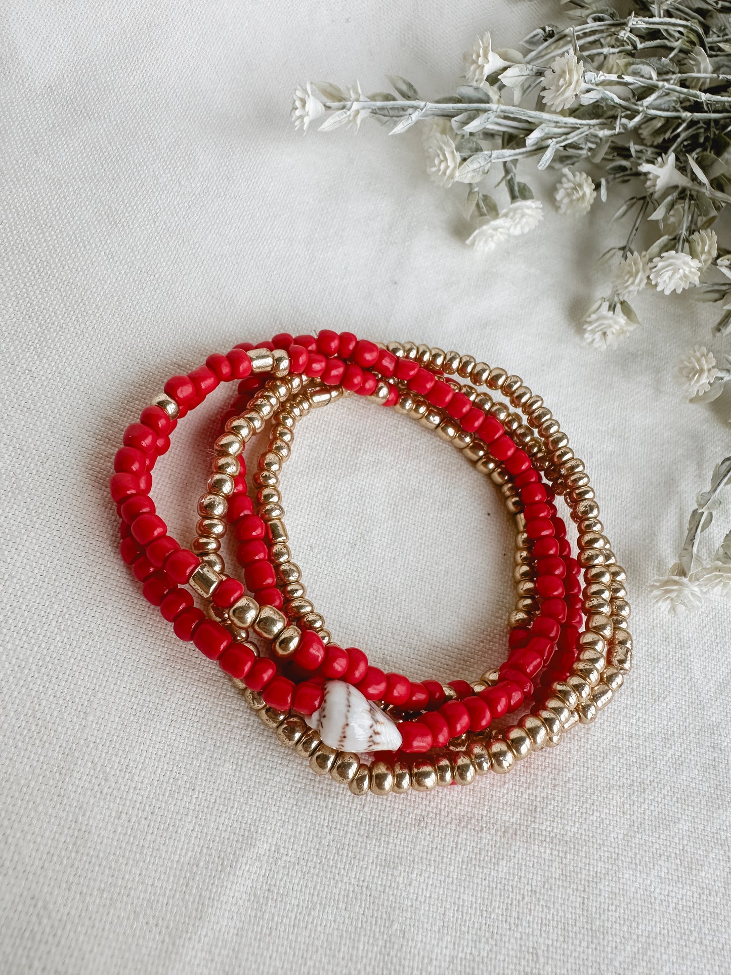 Red Beaded Shell Bracelet Set