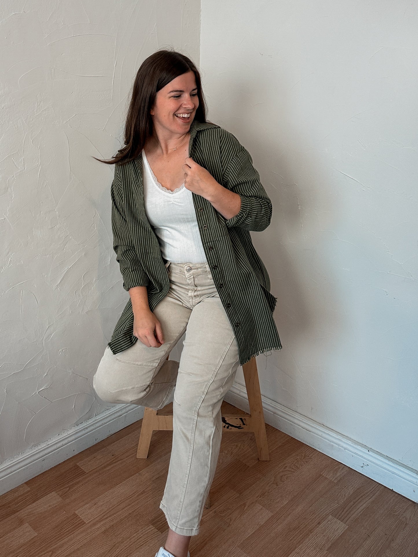 Olive Pin Stripe Linen Oversized Shirt