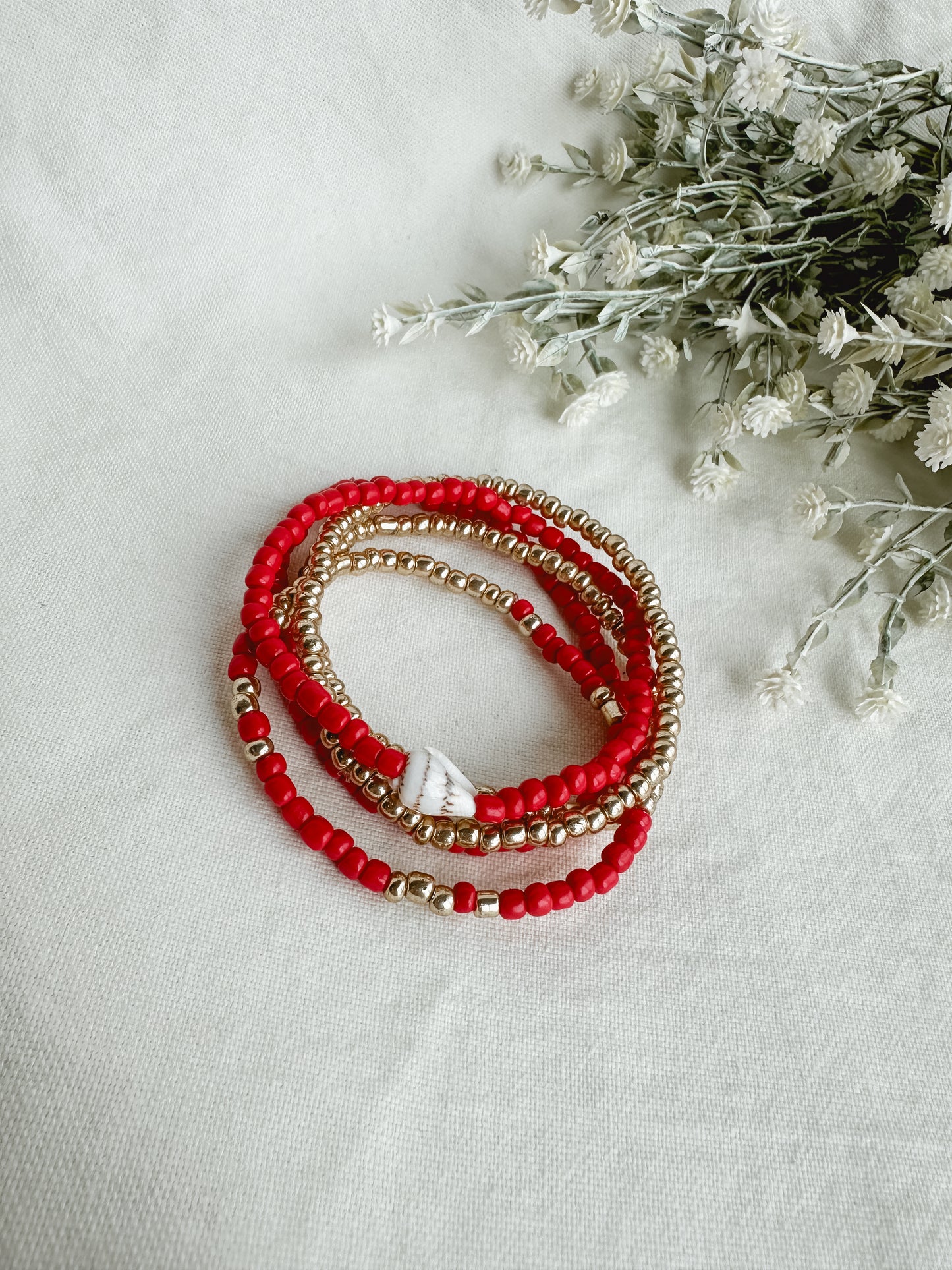 Red Beaded Shell Bracelet Set