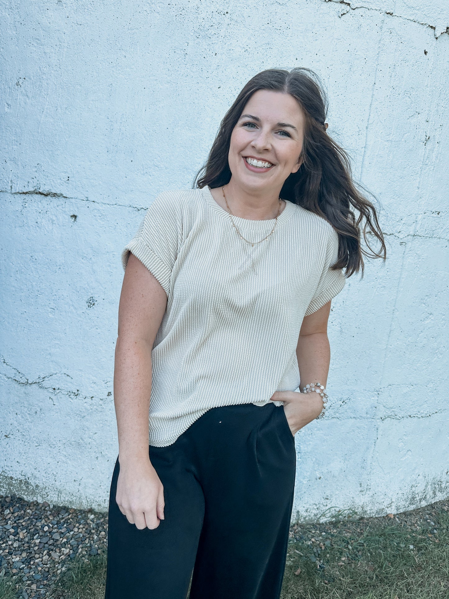 Cream Ribbed Short Sleeve Top
