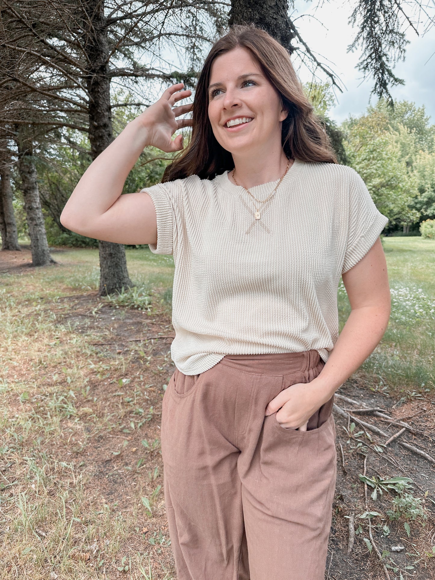 Cream Ribbed Short Sleeve Top