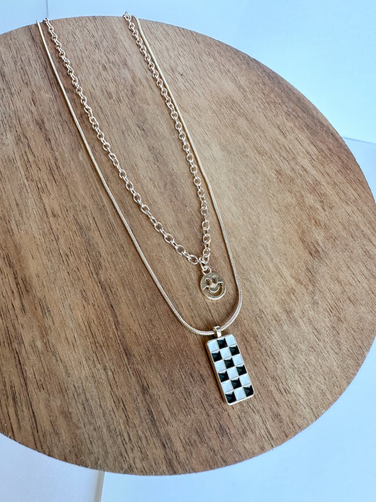 Layered Checker Smiley Necklace