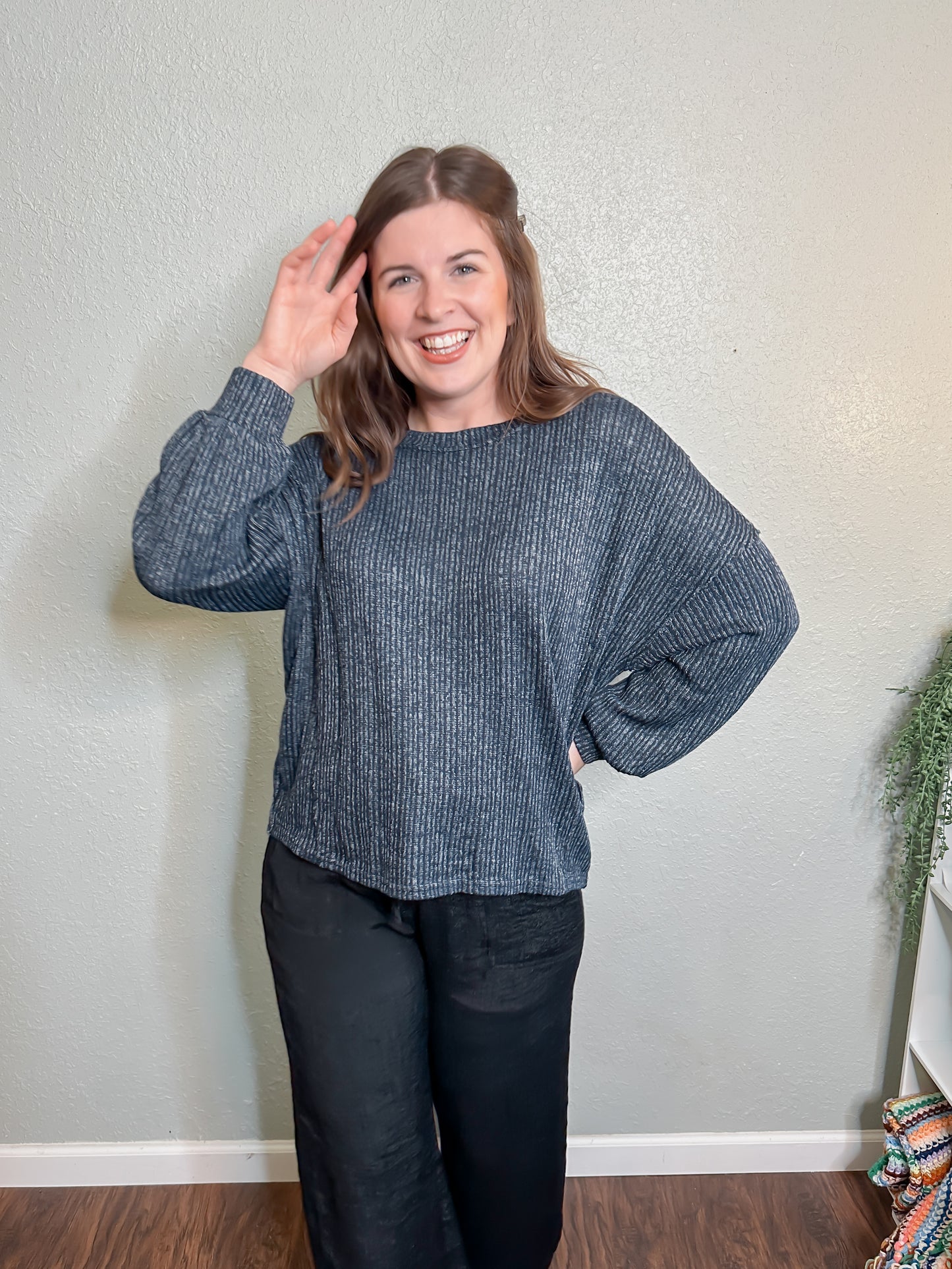 Navy Ribbed Knit Top
