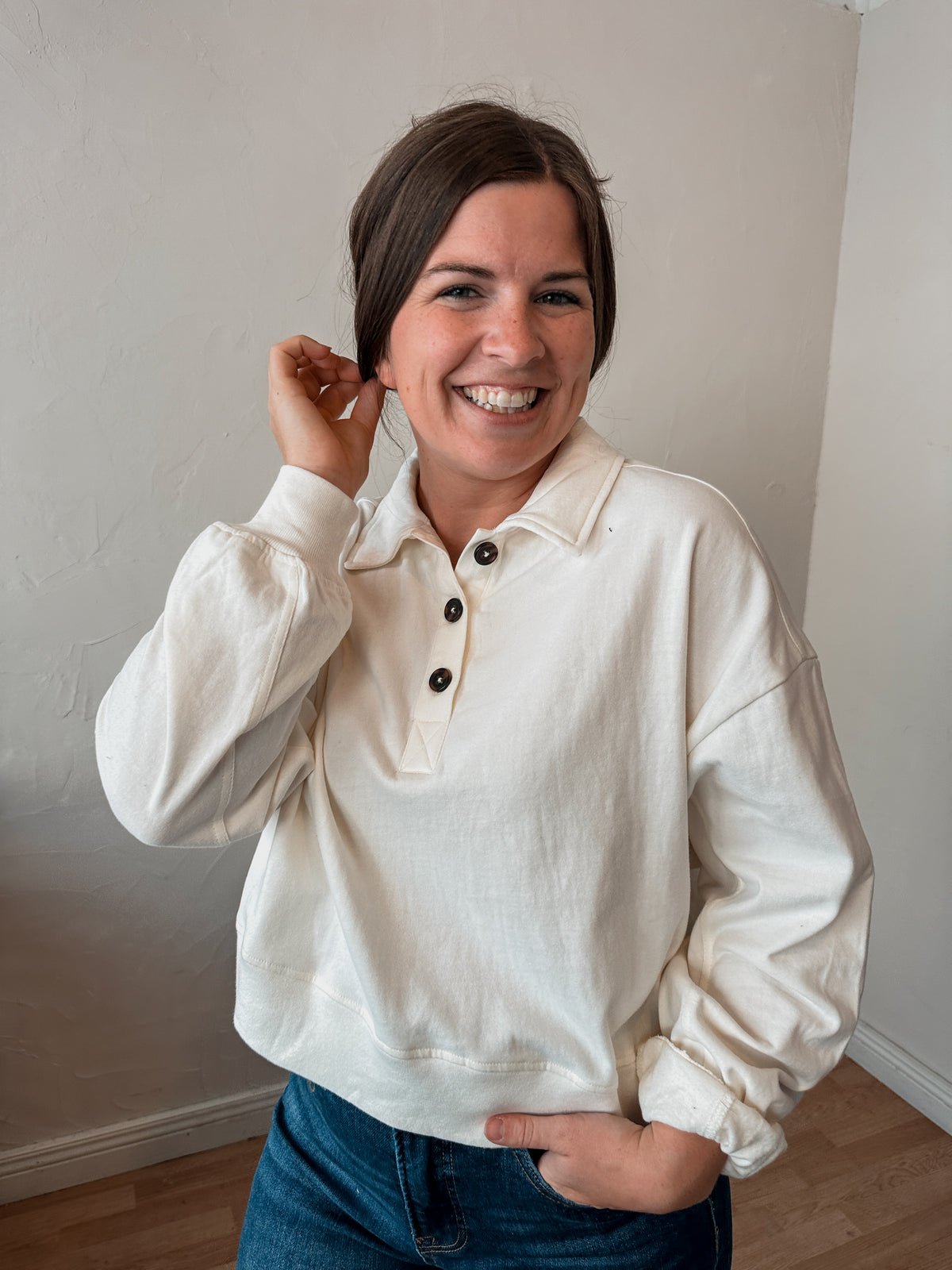Cream Button-Front Henley Sweatshirt