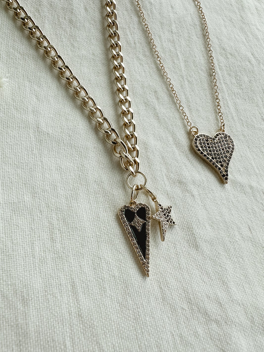 Black Heart Studded Charm Necklace