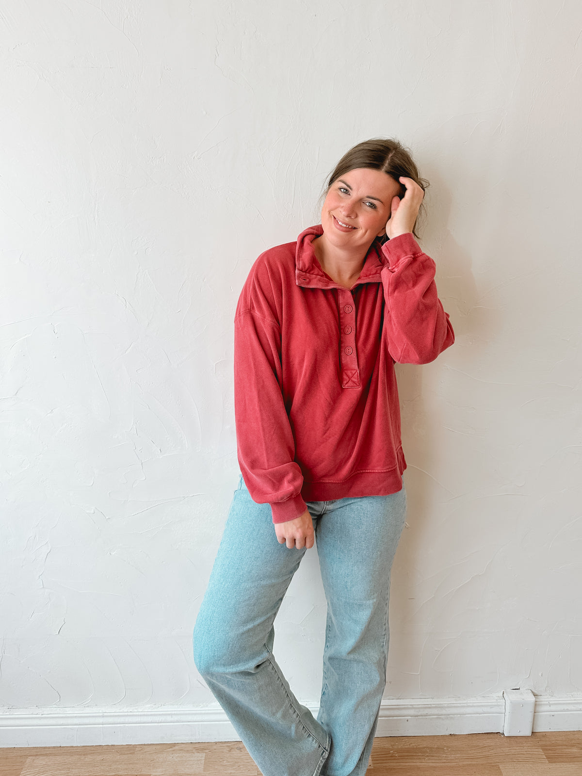 Deep Red Mineral Washed Button Front Sweatshirt