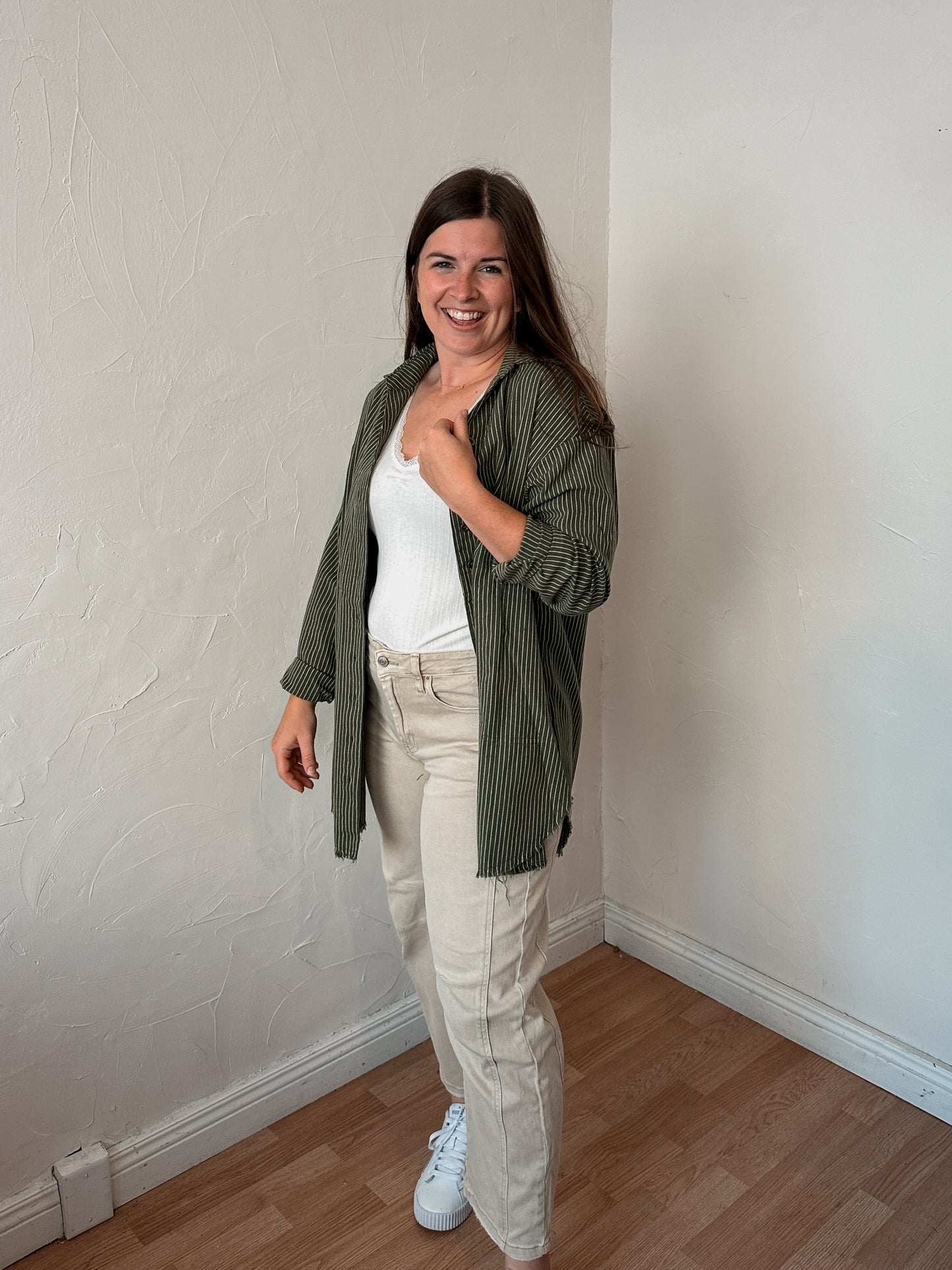 Olive Pin Stripe Linen Oversized Shirt