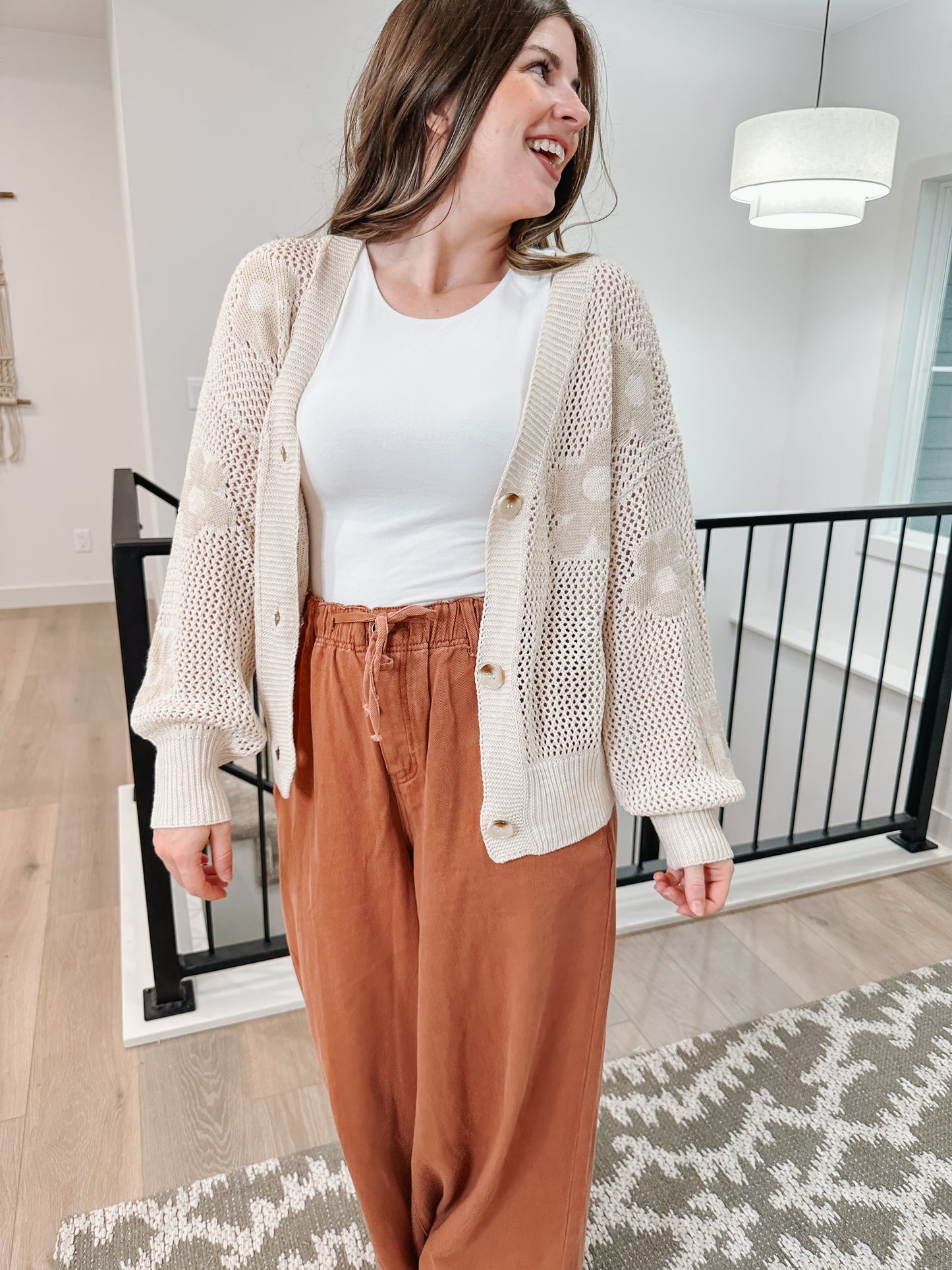 Cream Floral Open Knit Cardigan