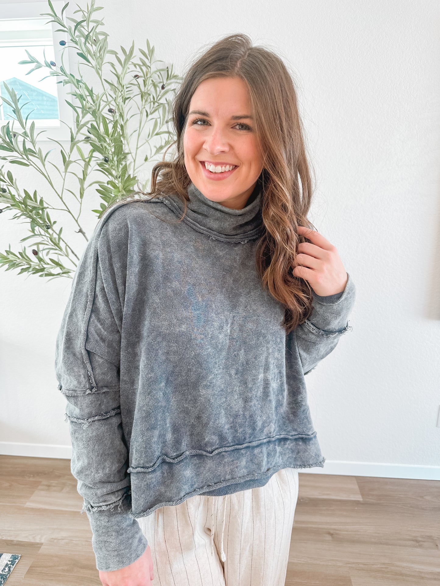 Navy Mineral Washed Mock Neck