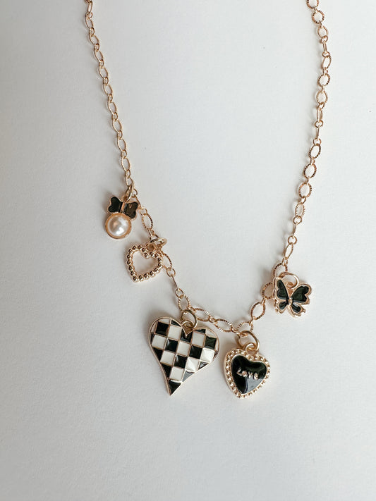 Black Checker Heart Charm Necklace