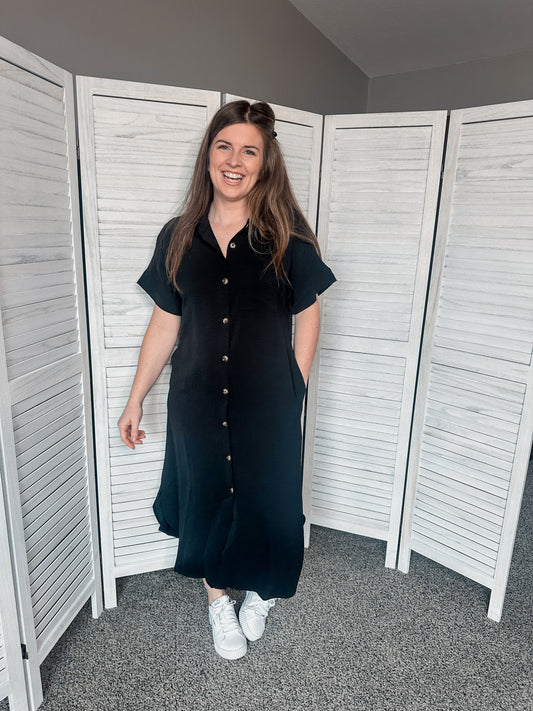 Black Short Sleeve Button Down Dress