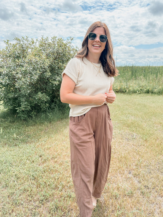 Cream Ribbed Short Sleeve Top