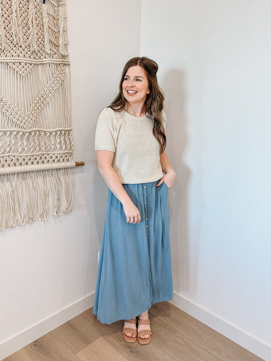 Dusty Blue Button Detail Skirt