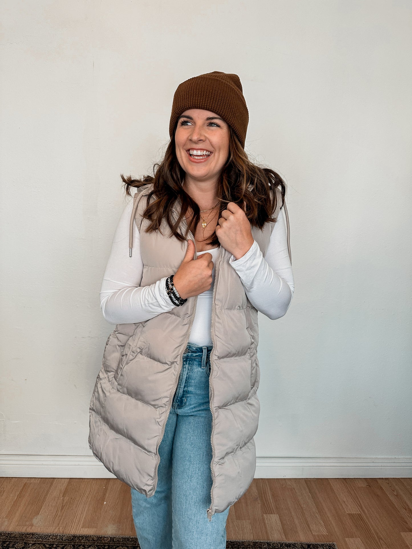 Beige Hooded Puffer Vest