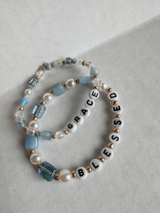 Blue Pearl Word Bracelet
