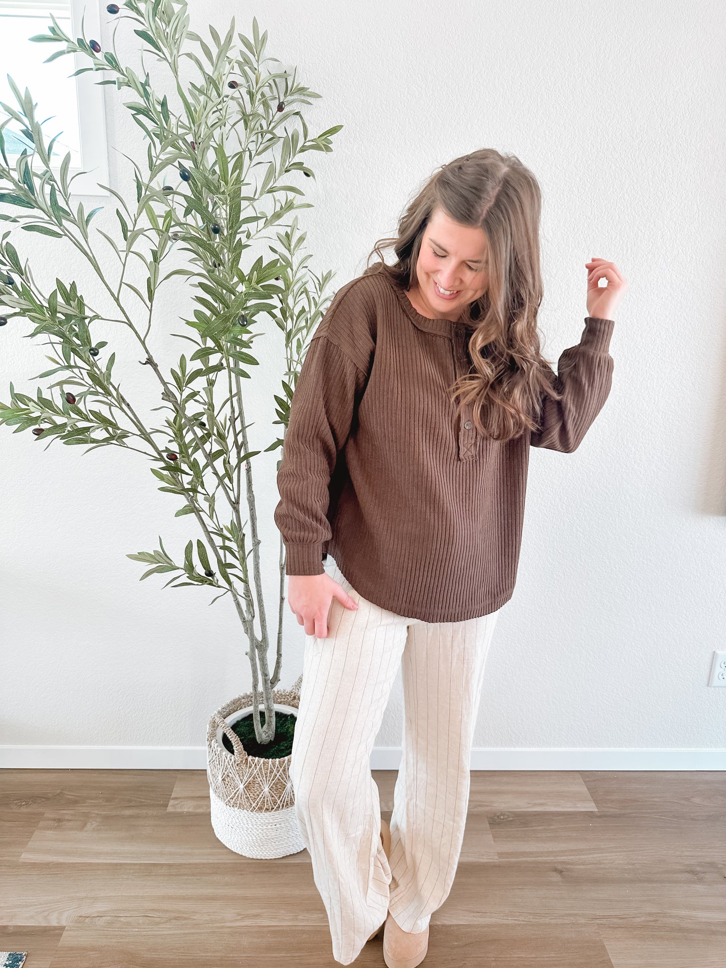 Chocolate Brown Ribbed Henley