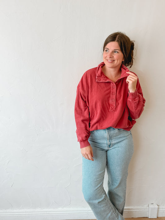 Deep Red Mineral Washed Button Front Sweatshirt
