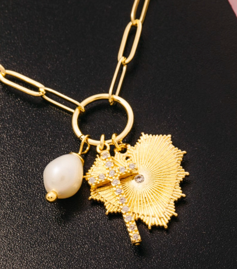 Gold Dipped Pave Cross Charm Necklace