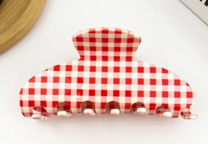 Pink + Red Check Claw Clip
