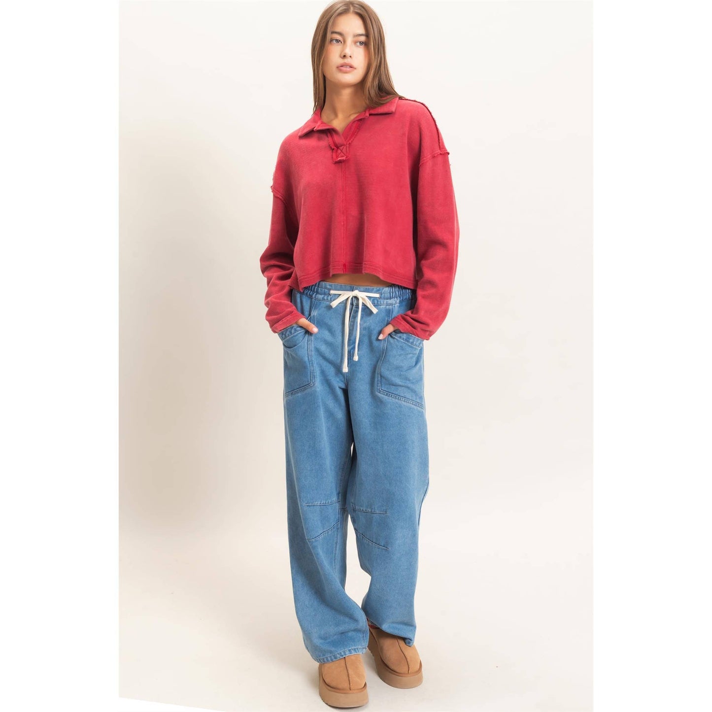 Deep Red Textured Collar Top