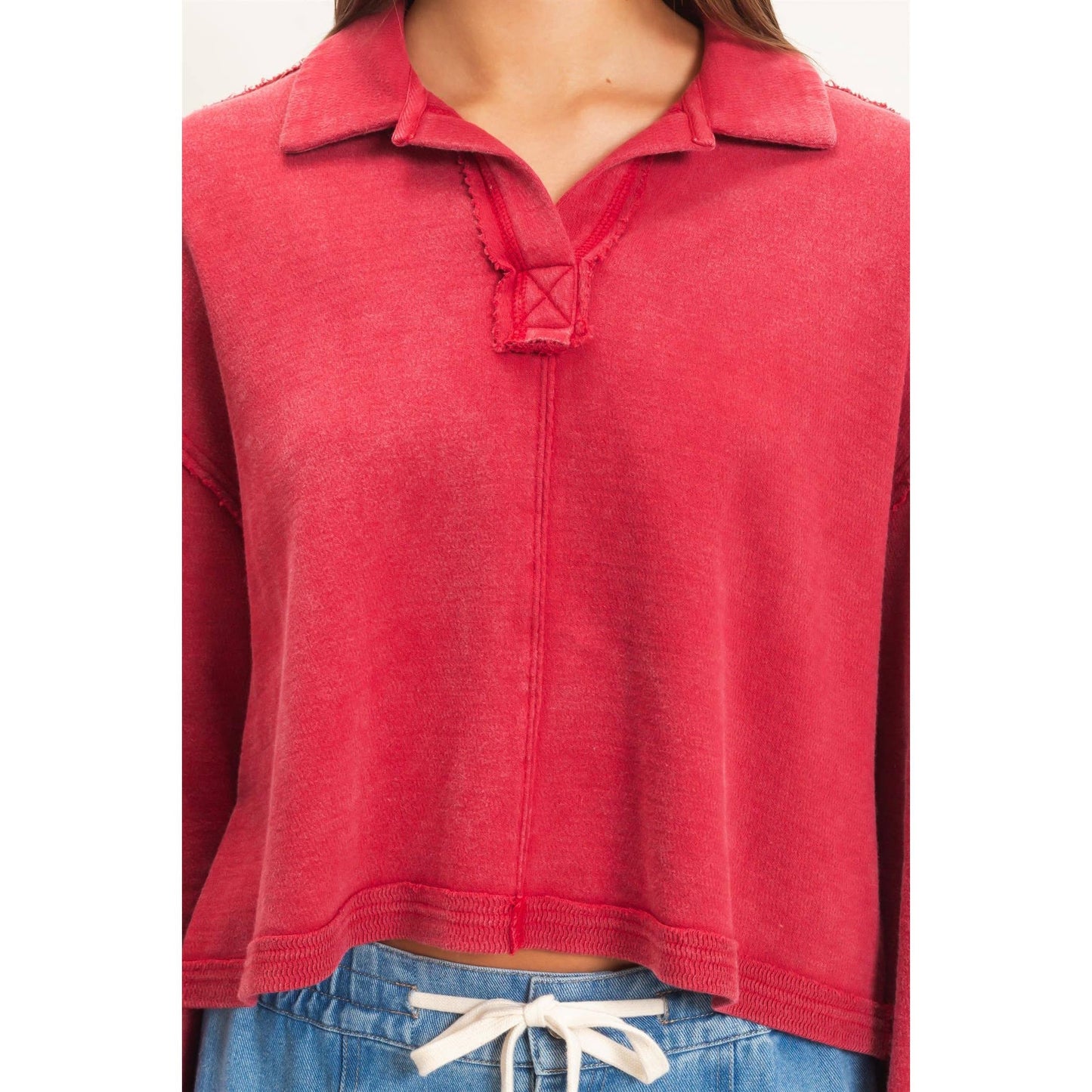 Deep Red Textured Collar Top