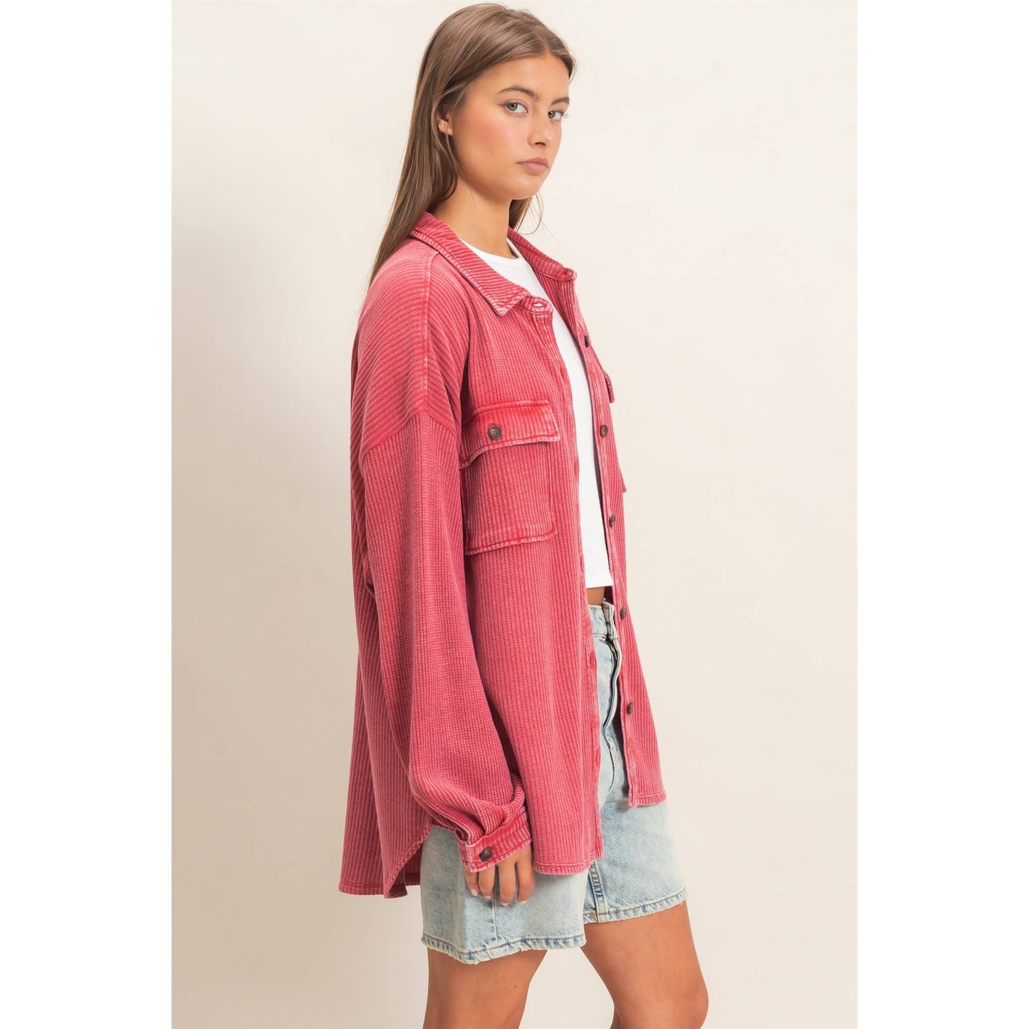 Deep Red Mineral Wash Waffle Button-Up Shacket
