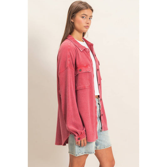 Deep Red Mineral Wash Waffle Button-Up Shacket