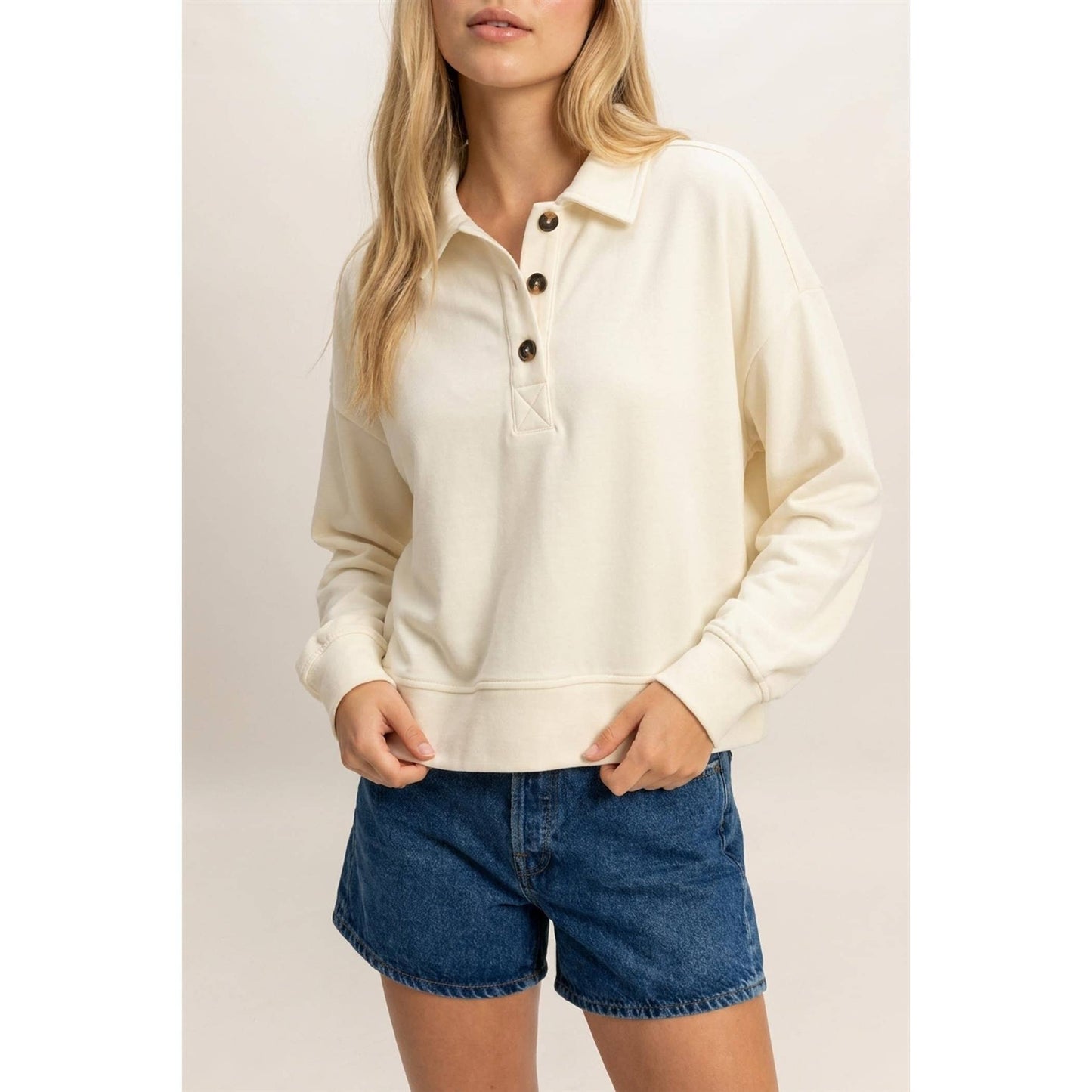 Cream Button-Front Henley Sweatshirt
